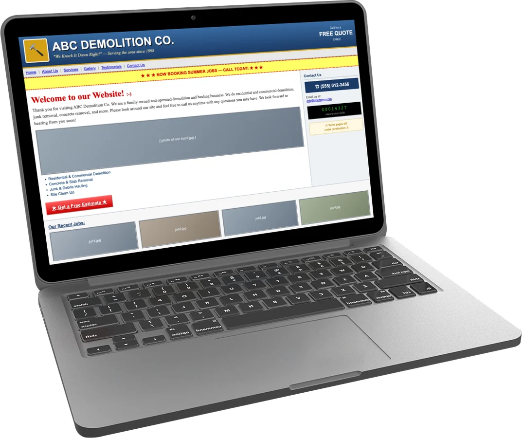 A typical dated small-business website shown on a laptop — slow, cluttered, and quietly losing customers